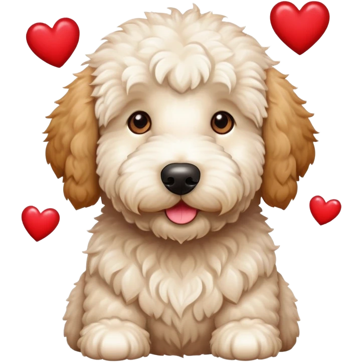 White cream mini golden doodle surrounded by hearts emoji