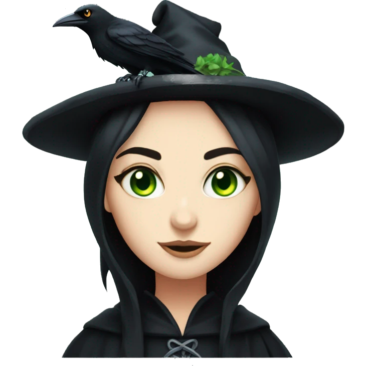 a pale black haired green eyes witch with a crow emoji