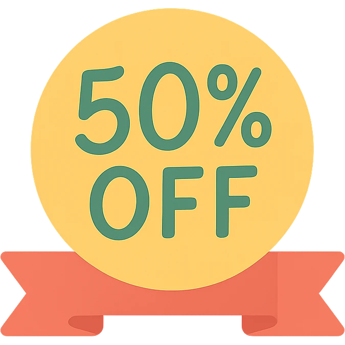 Round label with hand lettering 50% off with ribbon  emoji