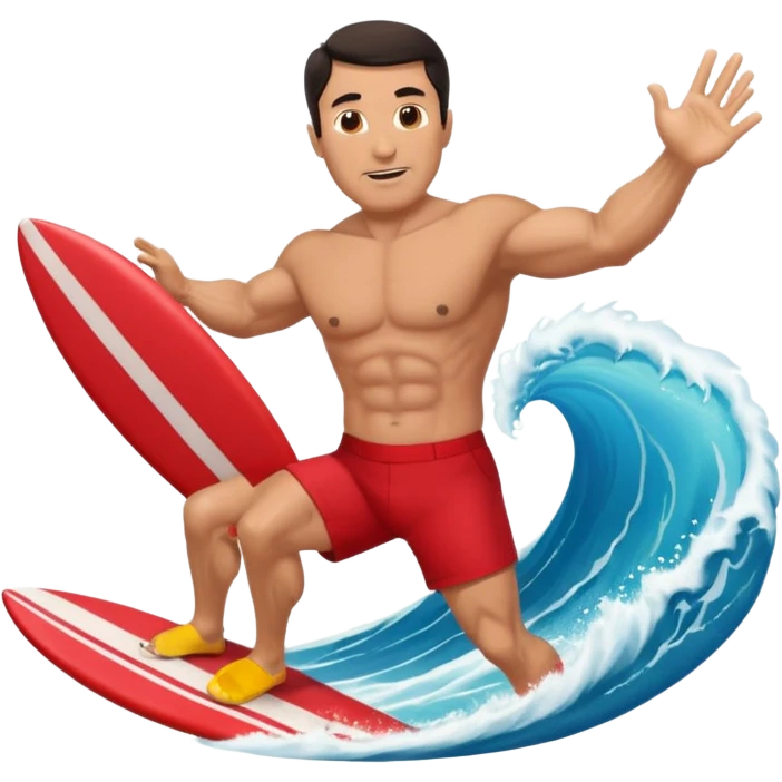 50 year old, muscular, dark haired, tan, red shorts man riding a big wave emoji