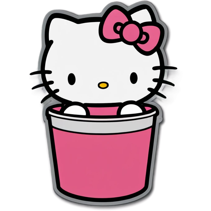 A trash bin that says on text GOODBYEEEE with hello Kitty in it emoji