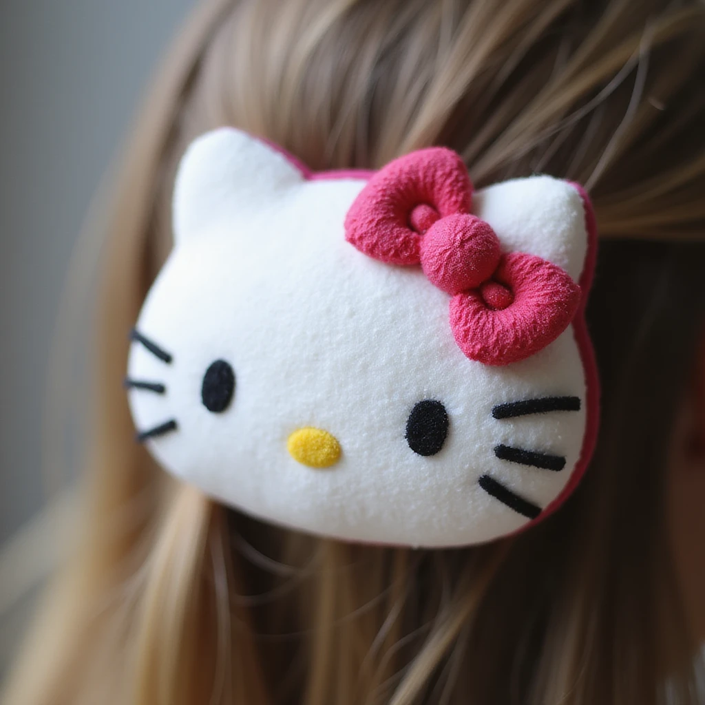 realistic Hello Kitty hair pin made of soft plush material, detailed stitching, Hello Kitty's face and bow, close-up photo emoji