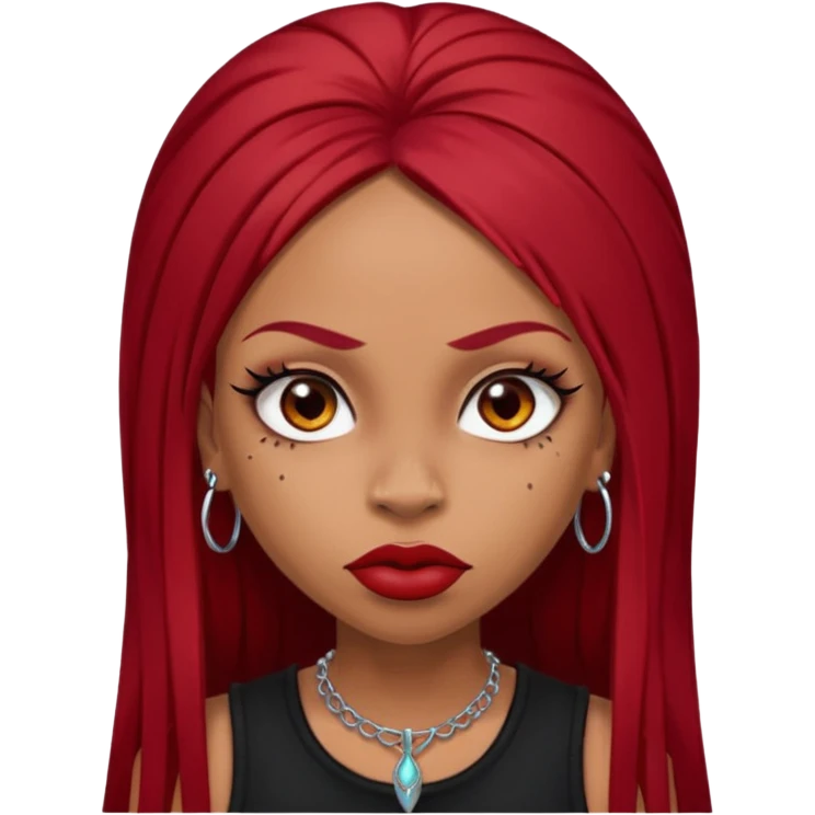 light-skinned black girl with very long eyelashes with long strait dark red hair with edges wearing a black top with no sleeves. and a red accessory on her head with nose and mouth piercings and is a baddie and looks like a bad girl. emoji
