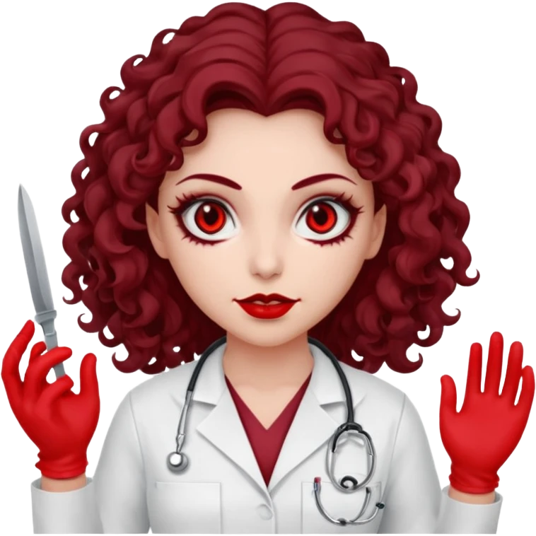 Lilith scalpel in hand, evil surgeon outfit.  She has red eyes. She has dark brown curly hair. Hair is long . Wears sexy doctor outfit with red gloves. Covers nose, neck and mouth with Muslims  emoji