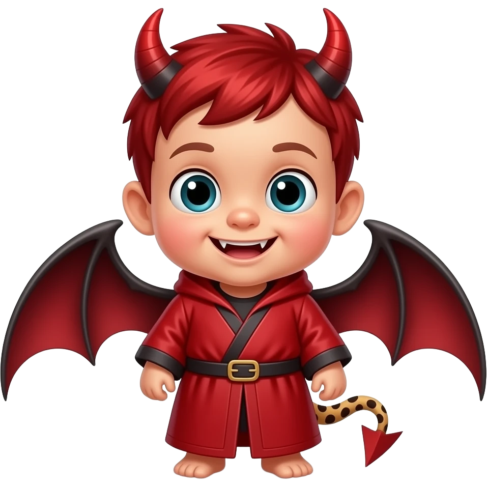 Bebê diabo com cabelo vermelho Asas do diabo rabo do diabo roupe vermelha cara de que tá aprontando algo é dentes do guepardo que foi extinto emoji