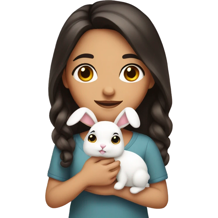 a girl with dark hair, brown eyes, with a bow on her hair, holding a bunny in her hands emoji