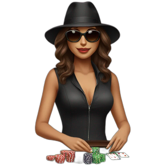 female with dark sunglasses brown wavy hair playing poker with a poker dealer hat emoji