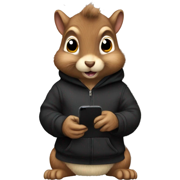 Realistic fluffy Squirrel in black hoodie holding an iPhone  emoji