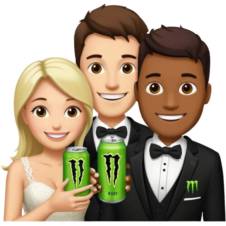 husband and wife at wedding holding monster energy drinks emoji