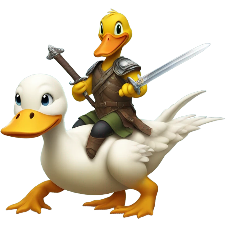 Duck, holding a sword, riding a dinosaur emoji