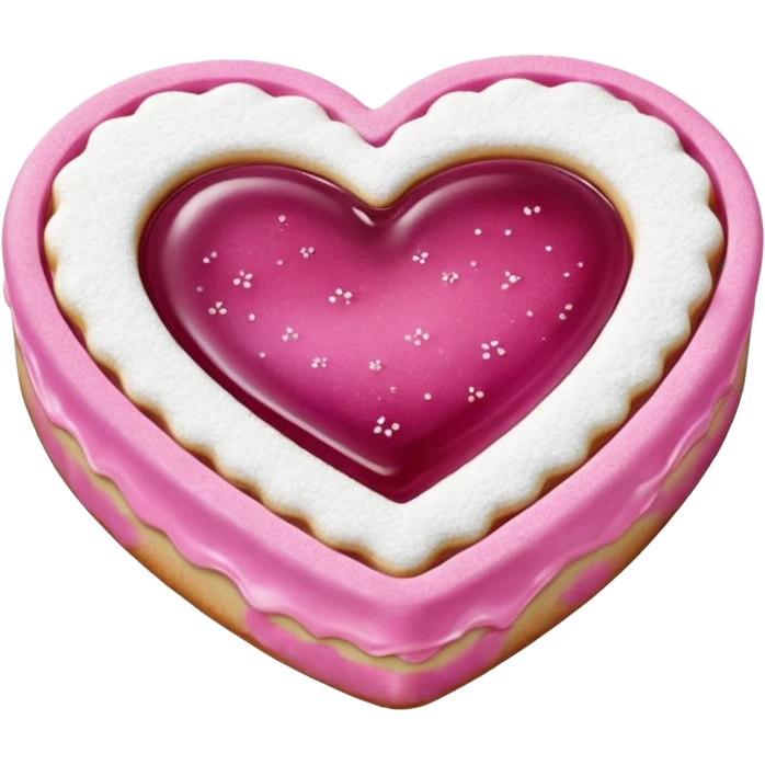 Realistic shortbread cookie in the shape of a heart with light margenta jelly middle filling and sprinkled powder sugar on top. emoji