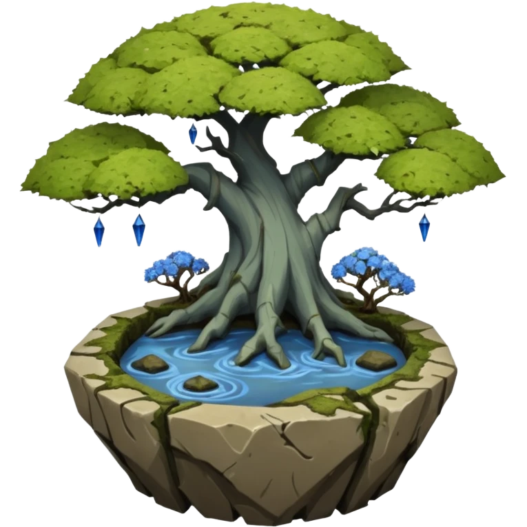 Bare haunted Alien landscape mudman very old broken cracked intricate Stone Age rocky-crusted irregular dodecagon-shaped shallow dark moss rough bark blue weeping willow flowered maple tree bonsai pot emoji