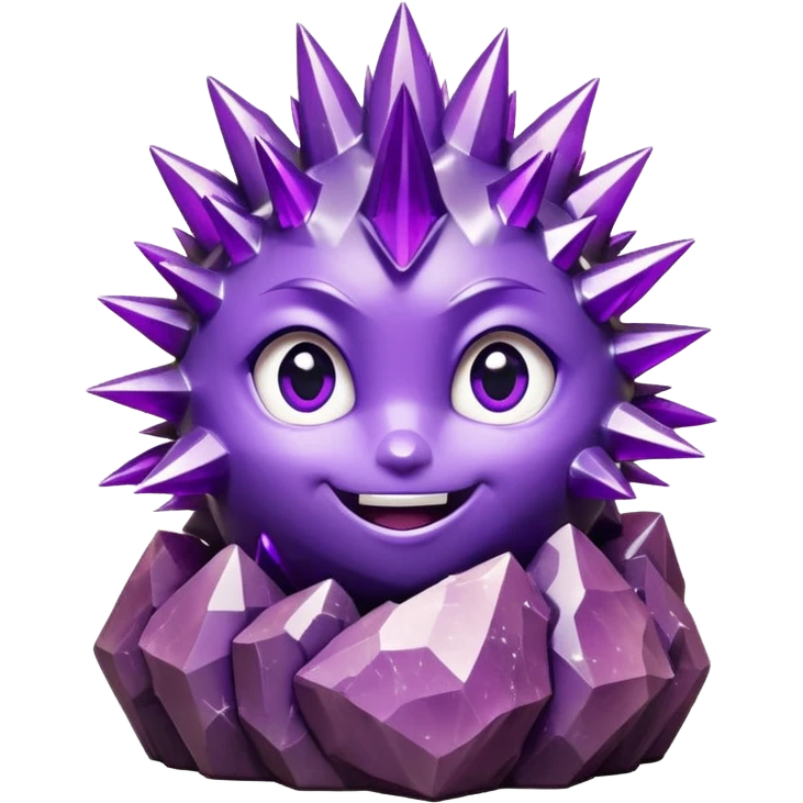 One spiky amethyst crystal rock character, short thick base covered in tall purple crystal spikes like a quartz cluster, faceted and sharp, adorable round face carved into the front of the base with big glossy eyes and a smile, 3D render, high detail, isolated on dark background.” emoji