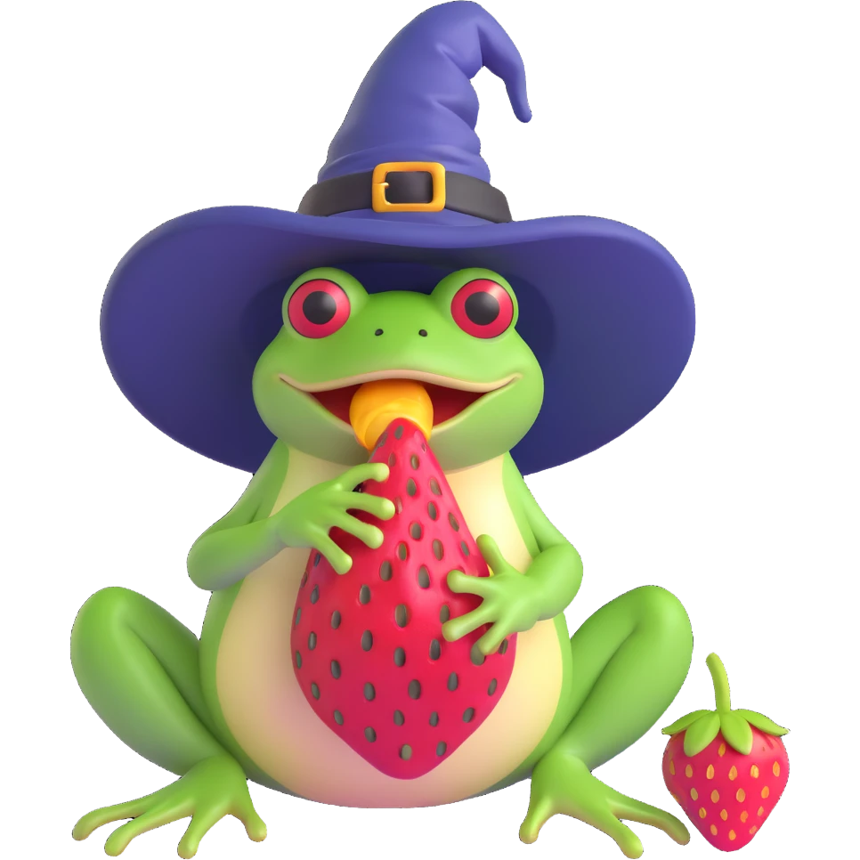 a frog wearing a witch hat and eating a strawberry, 3D emoji style emoji