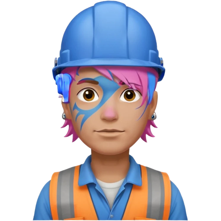 construction worker man pink hair, blue helmet and face tattoo emoji