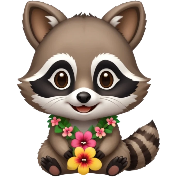 A cute chibi playful raccoon wearing a hawaiian flower necklace, looking festive. emoji
