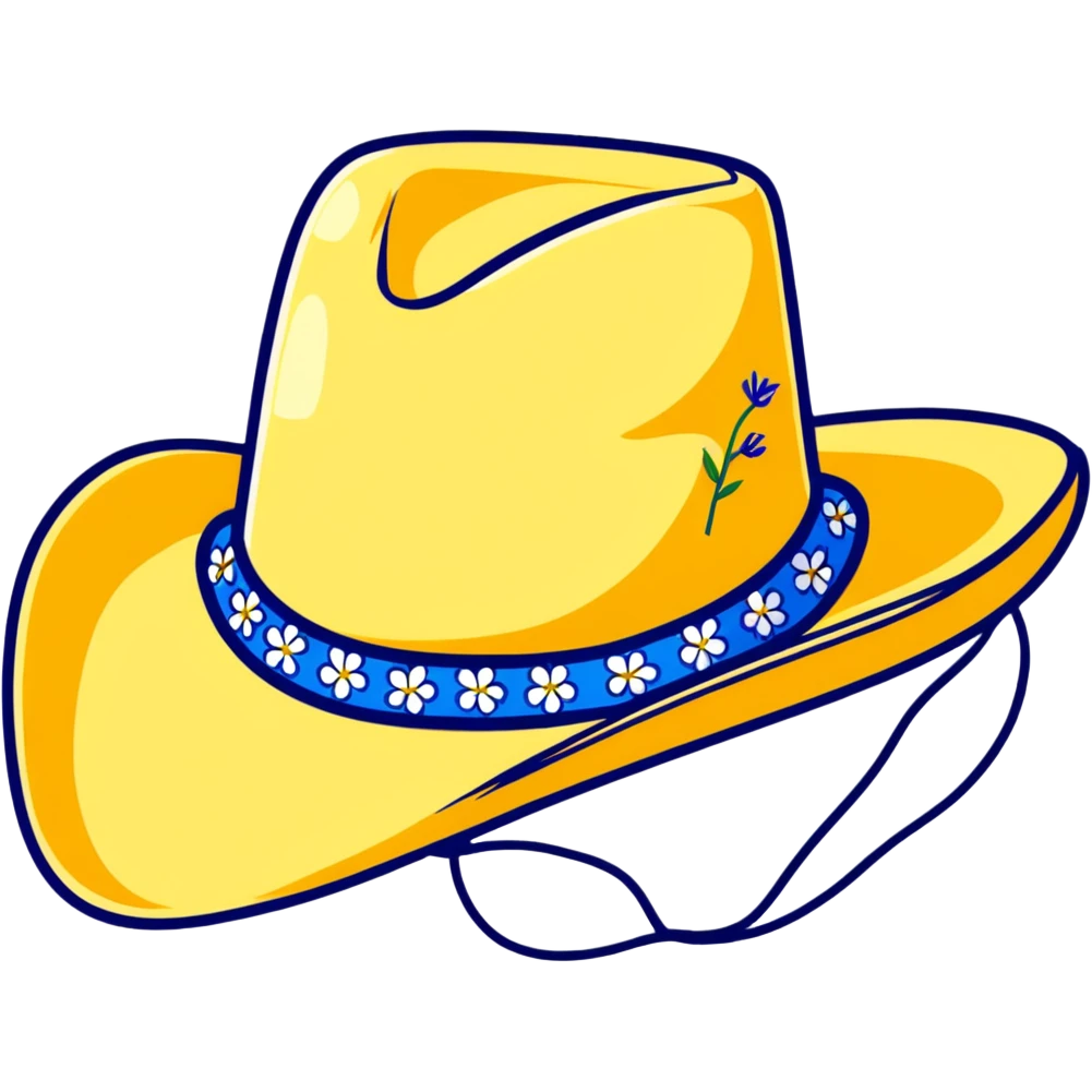 Cowgirl hat with blue and yellow wildflowers, straw cowboy hat emoji