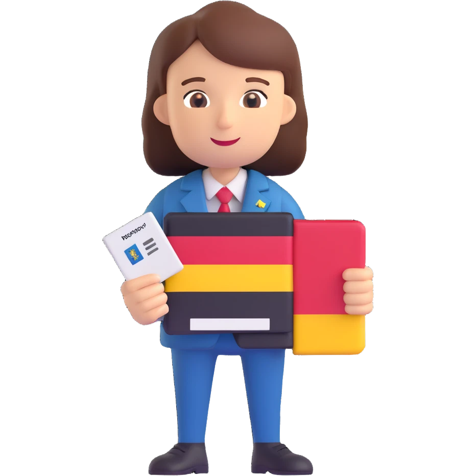 3D style neutral approachable character with no clear gender or age, holding a passport with German flag colors, modern inclusive app icon emoji