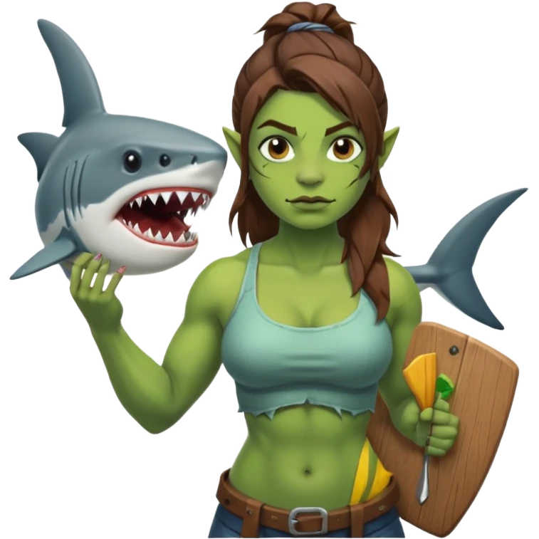 orc female holds a board with a shark painted vertically in his hands emoji