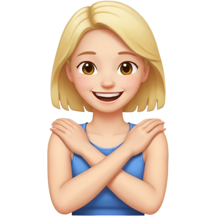 Girl with arms crossed holding neck and laughing emoji