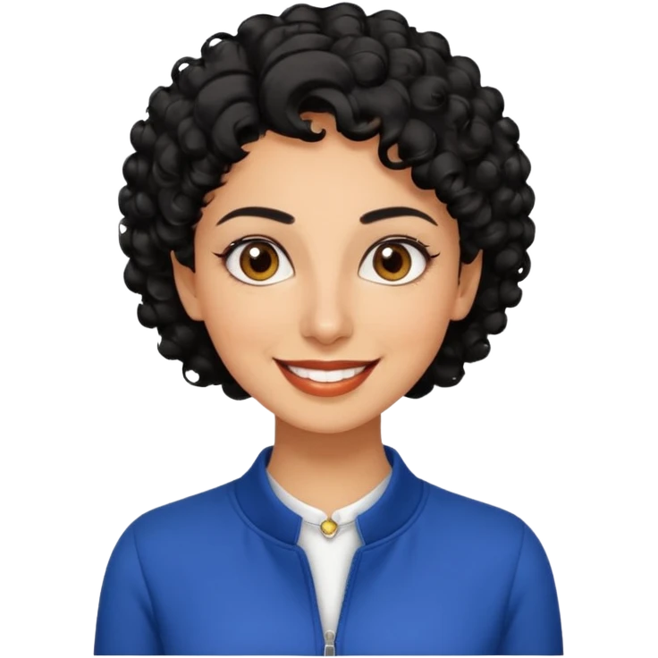 30 year old iranian woman very short curly black hair, big brown eyes, tanned skin, big smile, white teeth, pretty, stylish, shorter hair, boy cut hair, nice clothes emoji