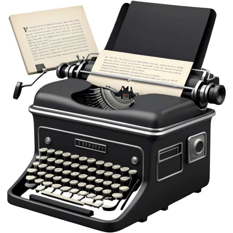 Create an emoji representing screenwriting. The design should feature an open script with visible dialogue and action lines, symbolizing the writing of a screenplay. Include a classic typewriter or modern writing device, such as a laptop, to signify the creative process. Place an old-style film camera next to the script to emphasize the cinematic connection. Use a professional color palette with black, white, and subtle metallic tones. Do not include any emojis or smiley faces. Make the background transparent emoji