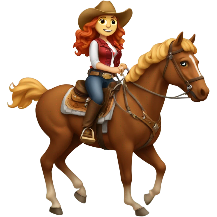 Long wavy red headed Latina wearing western wear riding a blonde horseback  emoji