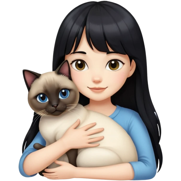 A girl with long black hair and bangs happily hugs a Siamese cat emoji