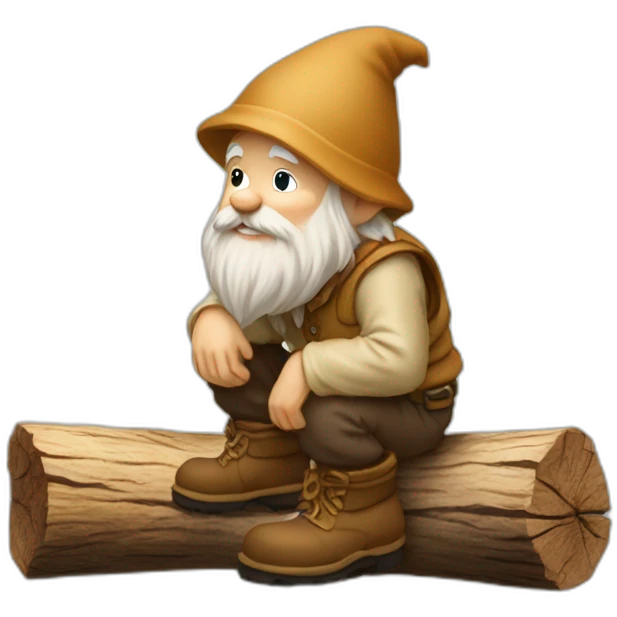 side view of gnome with light tan pants and boots squatting on top of tiny brown log emoji