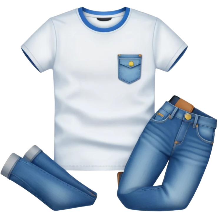A 3D cartoon casual T-shirt and jeans outfit arranged on flat surface, bright lighting, Memoji-style realism. emoji