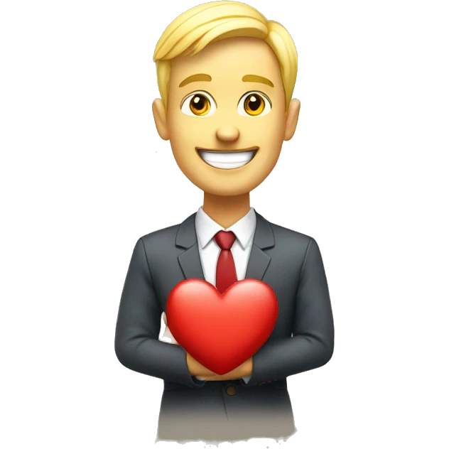 Happy smiling businessman holds a heart forward. white skin yellow hair emoji