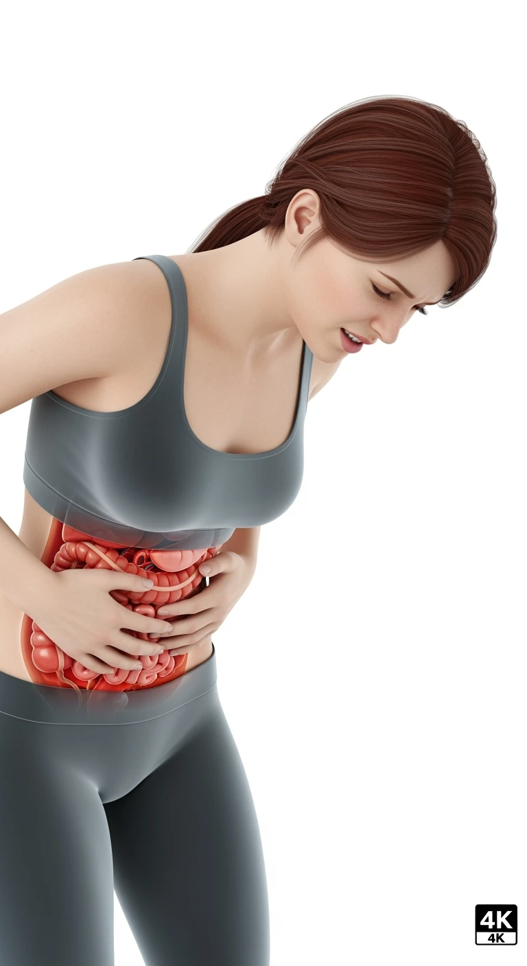 donna giovane piegata in avanti con mal di pancia e INTESTINO UMANO ANATOMICO IN EVIDENZA, iperrealistica 4k, ISOLATA SU SFONDO BIANCO emoji