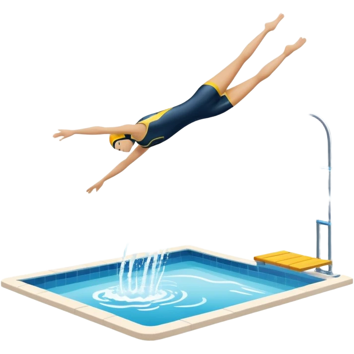 An icon showing a diver captured mid-air in a graceful pose above a pool, with a diving board behind and water below. Splash trails and motion lines emphasize precision and elegance. Transparent background highlights the beauty and focus of competitive diving. emoji