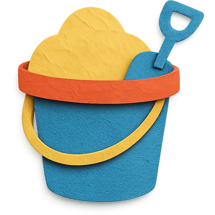 beach bucket and pail with sand and a small shovel, bright colors, in paper-craft style emoji