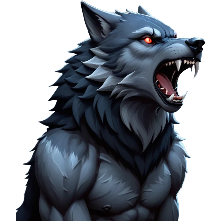 cinematic-noble-fierce-werewolf-howling-portrait-emoji, poised-and-imposing, with a fierce wolfish face tilted upwards in a haunting howl, glowing eyes full of primal ferocity, sharp, and a rugged snout, fur rippling in shades of midnight black and silver, muscles tensed as the powerful howl echoes beneath the moonlit sky; rendered with realism, capturing the raw, untamed power of the beast in its wild, primal state emoji