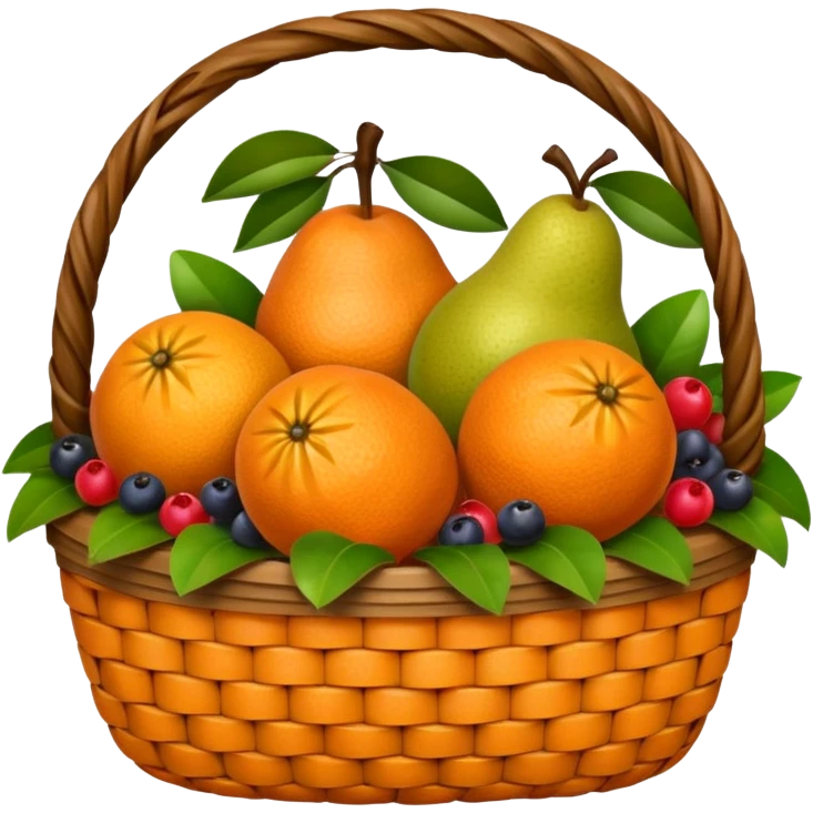 A rustic fruit basket with oranges, pears, and berries.







































 emoji