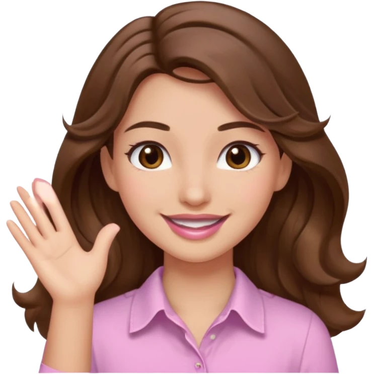 girl with wavy long brown hair, brown eyes, light to medium complexion, long lashes, light pink lipstick, smiling, wearing light pink shirt, slapping emoji