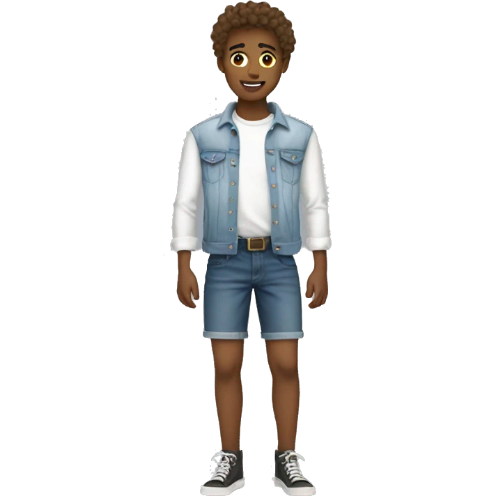 Teen boy with jorts and white shirt wawing emoji