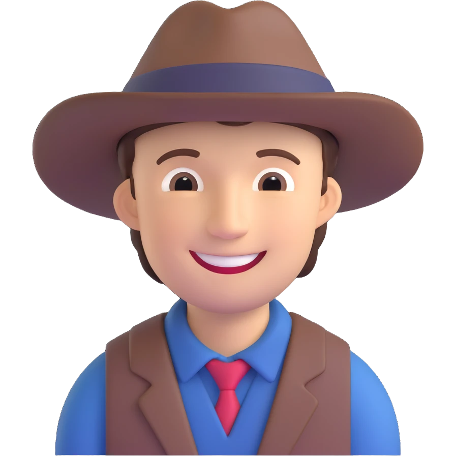 playful and rounded smiling man wearing a hat emoji