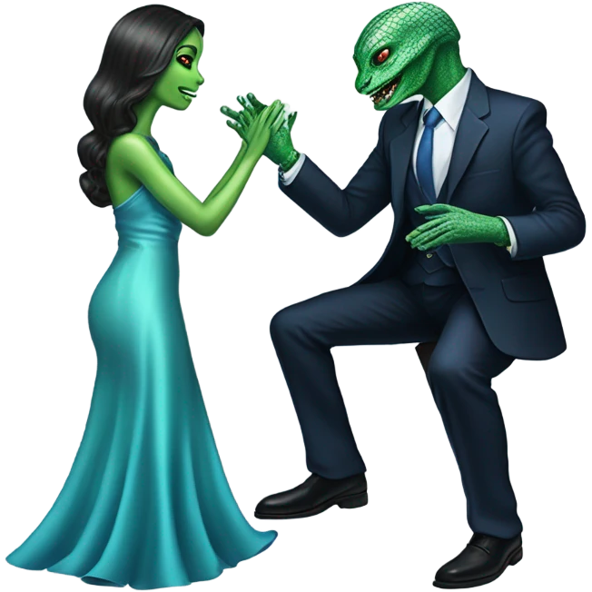 alien reptilian green skin woman, in long slim pastel blue formal party satin dress with gradient shiny sparkling navy blue diamonds embroidered , and caucasian man in black dres on his knees asks her to marry her emoji