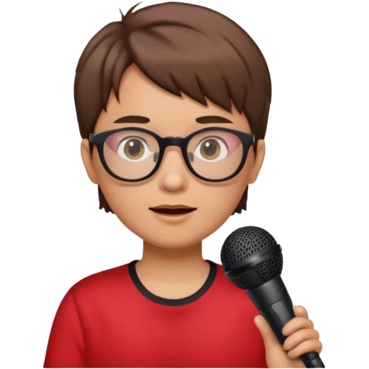 singer, Old, brown short hair, holding mic, red shirt glasses emoji