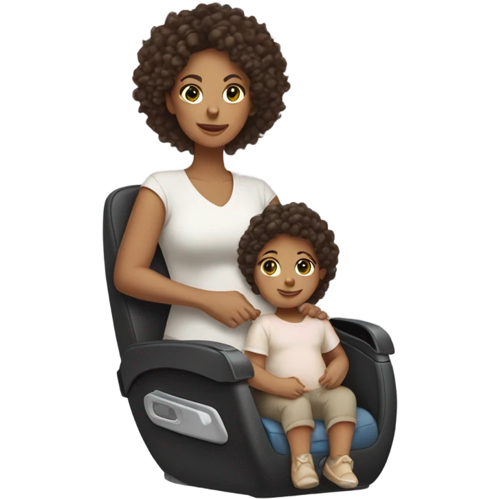 mom with light tan skin, shoulder length dark brown curly hair carrying 2 baby car seats  emoji