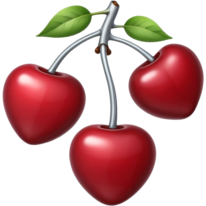A pair of cherries emoji made of polished silver chrome, smooth rounded shapes, glossy metallic finish, soft highlights and reflections, cute proportions, iOS emoji style, centered, clean white background, no text emoji