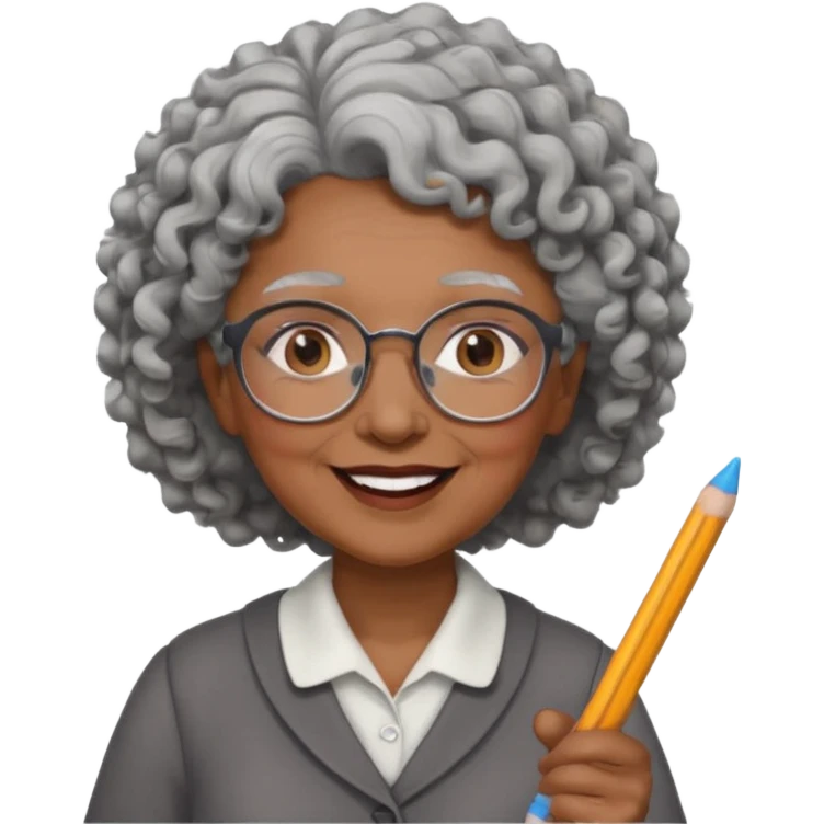 old woman teacher, brown skin, curly grey white hai, wearing glasses, hold chalk on hand emoji