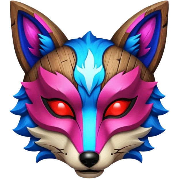 Ancient wooden mask, split in half, luminous and neon with red, blue and pink fox-like glow. emoji