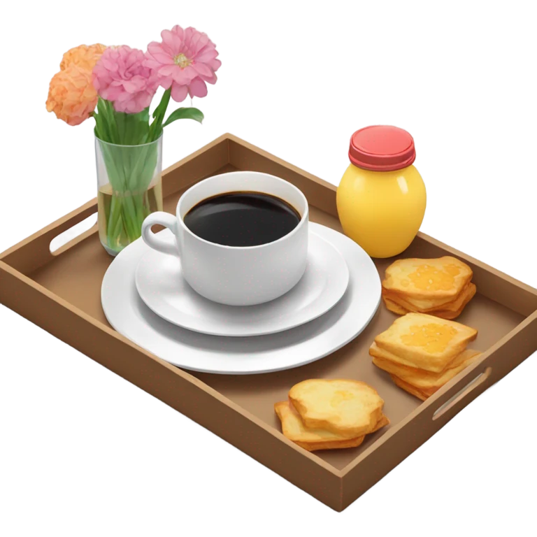 Breakfast on serving tray with three flowers in small vase  emoji