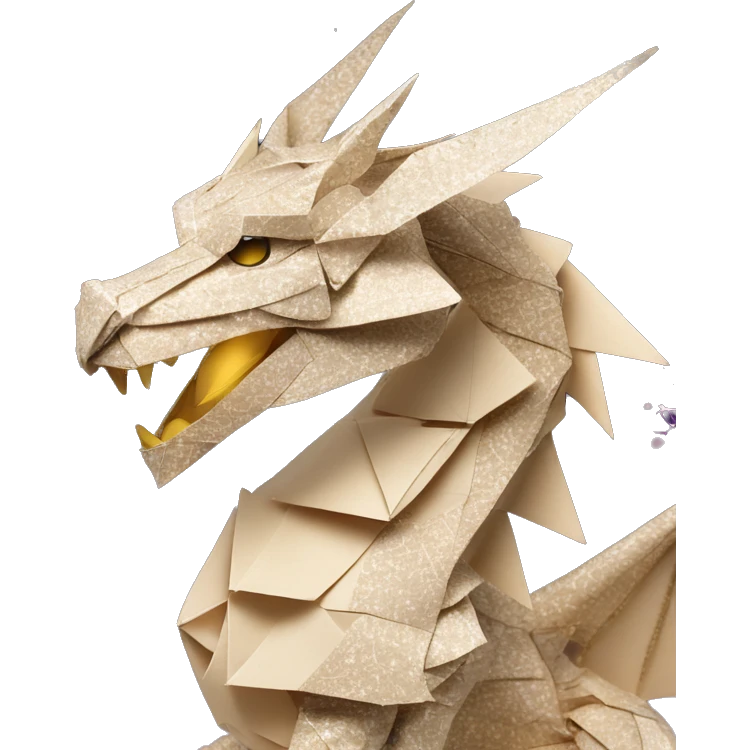 Sparkling patterned Beige Origami dragon with a dried flower crown made of newspapers intricate patterns surrounded by fairy lights nebula galaxy stars swirls emoji