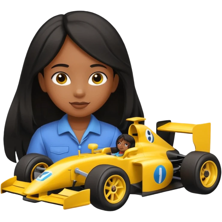  long black haired black girl kid playing yellow colored formula 1 car toy emoji