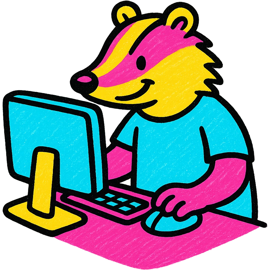 a badger using a desktop computer, playful colorful style emoji