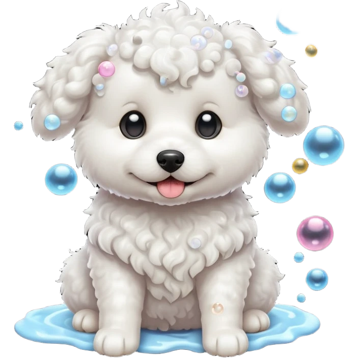 white curly dog with soap bubbles emoji